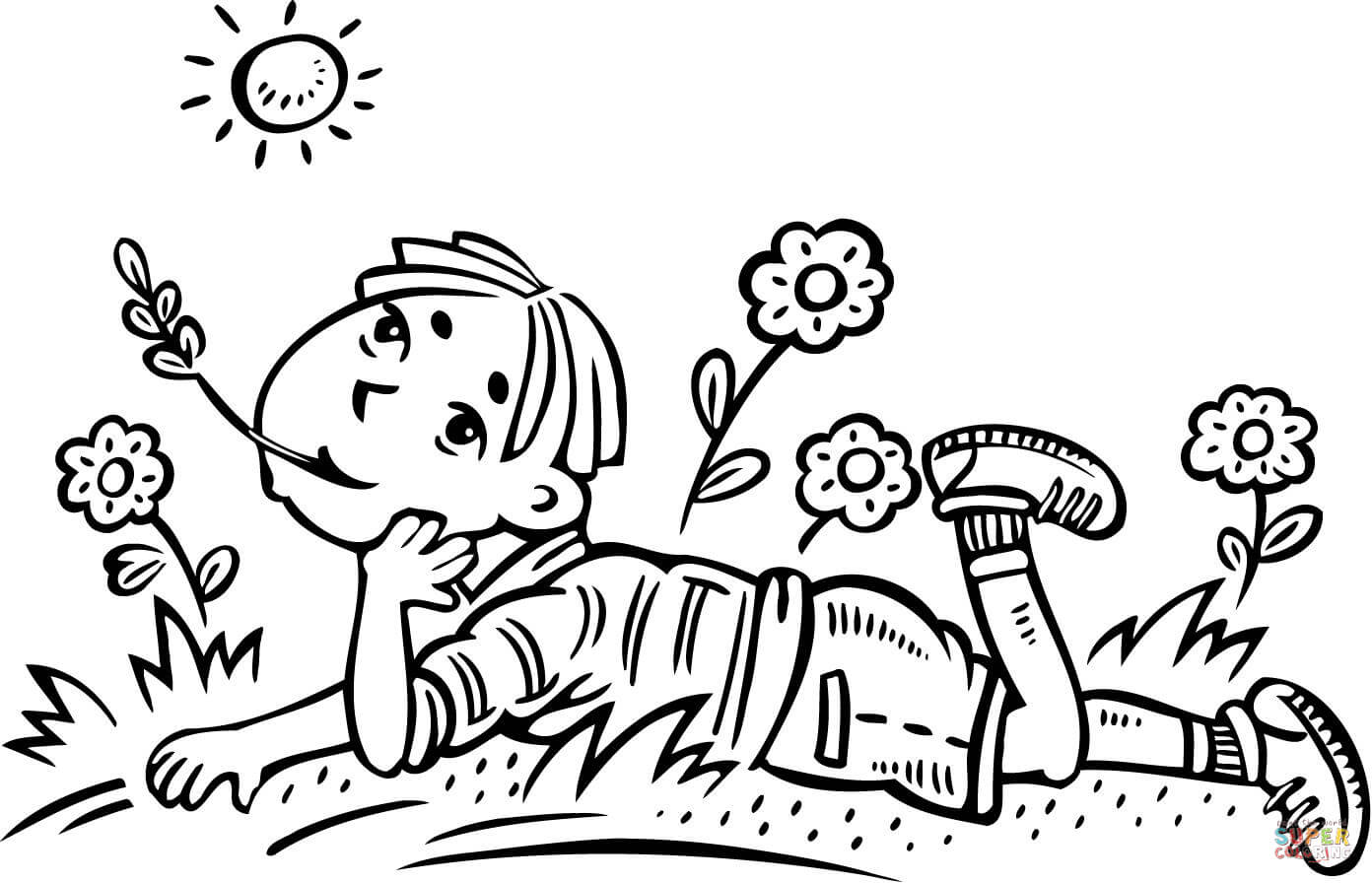 boy daydreaming in a field coloring page